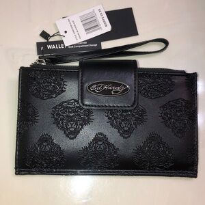 Ed Hardy Black Faux Leather Wristlet With Embossed Tiger Tattoo Wrist Strap NWT